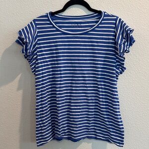 LOFT Blue and White Striped Ruffle Sleeve Tee